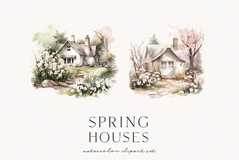 Op de afbeelding: Watercolor clipart set met twee charmante witte huizen met stenen paden, omgeven door weelderig groen en bloeiende bloemen. De tekst "SPRING HOUSES" en "watercolor clipart set" staan onder de afbeeldingen.