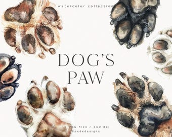 May include: A collection of watercolor illustrations featuring various dog paws in shades of brown, black, and white. The text reads watercolor collection, DOG'S PAW, 17 PNG files / 300 dpi, and @pededesigns, arranged on a plain white background.
