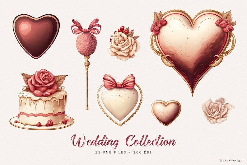 May include: A collection of 22 wedding-themed illustrations featuring hearts, roses, and a cake. The illustrations are in a vintage style with gold accents and a soft color palette of pink, cream, and brown. The text "Wedding Collection 22 PNG Files / 300 DPI" is at the bottom of the image.