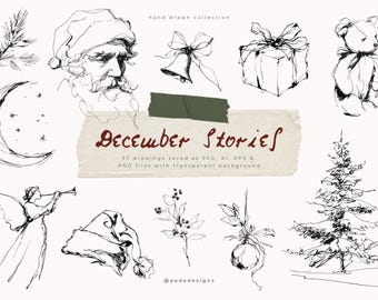 May include: A collection of black ink line drawings featuring a Santa Claus face, a crescent moon, a bell, a gift box, a teddy bear, an angel, a Santa hat, a pine tree, and foliage. The text reads December Stories and pededesigns.