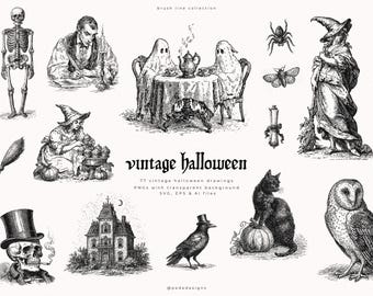 Vintage Halloween Clipart Bundle with PNG & Vector SVG Victorian Drawings, Witch, Ghost, Skeleton Spooky Illustrations (Digital Download)