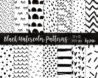 Black watercolor digital papers, watercolor black patterns, hearts, confetti, chevron, dots, triangles, stripes. download