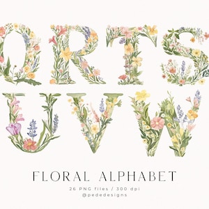 May include: Floral alphabet letters Q, R, T, S, U, V, and W made of watercolor flowers and greenery. The letters are in a light pink, yellow, and green color scheme. The text "FLORAL ALPHABET" is below the letters, along with the text "26 PNG files / 300 dpi" and "@pedededesigns".
