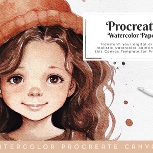 Puede incluir: Una ilustración digital de una niña con cabello castaño que lleva un sombrero marrón. La imagen es una plantilla de lienzo de estilo acuarela para Procreate, una aplicación de arte digital. El texto "Procreate Watercolor Paper" es visible en la imagen.
