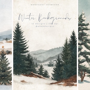 Puede incluir: Colección de acuarelas de fondos de invierno. La imagen presenta un paisaje nevado con árboles de hoja perenne y montañas. El texto "Winter Backgrounds" se muestra en una escritura elegante. La paleta de colores es apagada, con tonos de azul, verde y marrón.