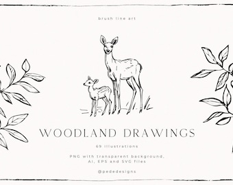 May include: Black and white brush line art featuring a deer and a fawn standing together, flanked by leafy branches. The text reads: brush line art, WOODLAND DRAWINGS, 69 illustrations, PNG with transparent background, AI, EPS and SVG files, @pededesigns.