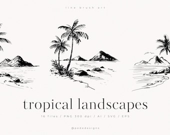 Line Brush Art, tropical landscapes clipart, exotic graphics, brush line art, summer vacation, svg files, scrapbook png, travel, download