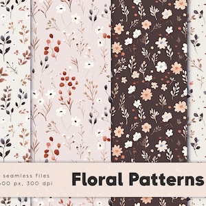 Flowers digital paper pack, watercolor leaves and branches, seamless patterns, floral digital papers, sweet flowers, pink, download image 2