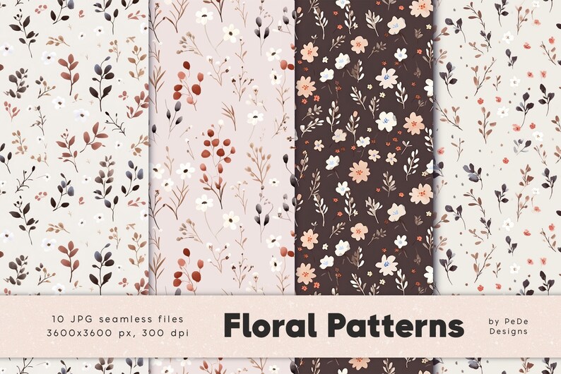 Flowers digital paper pack, watercolor leaves and branches, seamless patterns, floral digital papers, sweet flowers, pink, download image 2