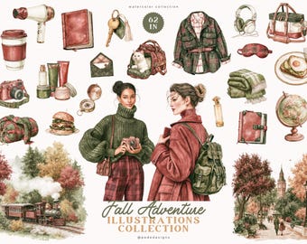 Early Fall Adventure Watercolor PNG Clipart Set with Autumn Travel Clipart, Cozy Graphics & Hiking Adventure Graphics (Digital Download)
