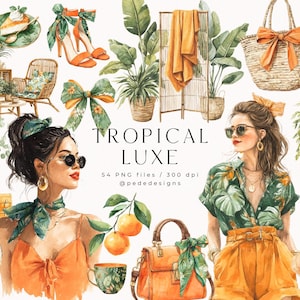 Tropical Luxe, gráficos de verão em aquarela, clipart tropical, verão exótico, adesivos de moda, interior, garota planejadora, adesivos, baixar
