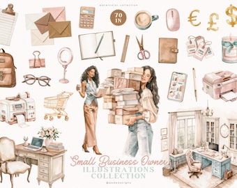 Small Business Owner Clipart with Watercolor PNG, Female Entrepreneur PNG, Home Office Clipart, Packaging Supplies (Digital Download)