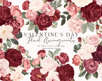 Valentine’s Day Floral Arrangements Clipart | Watercolor Rose Bouquets PNG | Romantic Floral Design Elements