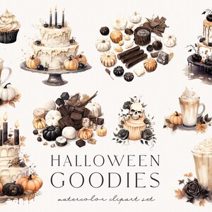 May include: A watercolour clipart set showcasing Halloween treats. The image includes cupcakes with skull designs, tiered cakes with pumpkins, and chocolate. The text "Halloween Goodies" is visible.