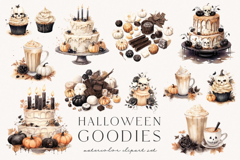 May include: A watercolour clipart set showcasing Halloween treats. The image includes cupcakes with skull designs, tiered cakes with pumpkins, and chocolate. The text "Halloween Goodies" is visible.