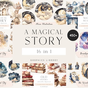 Magical Story Bundle, biblioteca de clipart, ilustrações em aquarela, clipart de lua, céu noturno, lua e estrelas, amante de livros, árvore mágica, download