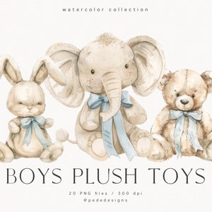 Conjunto de imágenes prediseñadas de juguetes de peluche para niños, imágenes prediseñadas de acuarela vintage, animales de peluche, gráficos png de guardería, fiesta de baby shower, es un niño, descargar
