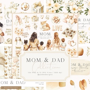 Colección Mamá y Papá, biblioteca de imágenes prediseñadas familiares, ilustraciones en acuarela, patrones sin costuras, png beige, Día de la Madre, Día del Padre, descargar