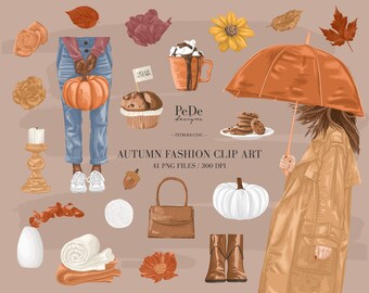 Clip art autunnali, elementi individuali, illustrazioni floreali, adesivi per planner, copertina in evidenza di Instagram, moda, download