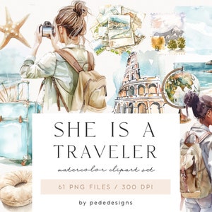 Lei è una viaggiatrice, clipart estive ad acquerello, viaggi, clipart per ragazze, illustrazioni di viaggio, elementi estivi, tropicali, download in the wild