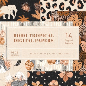 Carte digitali tropicali Boho, pacchetto di carta digitale esotica, carte digitali safari, foglie, modelli senza cuciture boho, pagine scrapbook, download
