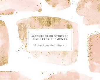 Watercolor strokes clipart, gold glitter, neutral watercolor splash, paint clip art, great for logo, beige, sparkly, png overlays, download