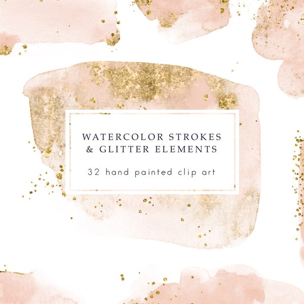 Watercolor strokes clipart, gold glitter, neutral watercolor splash, paint clip art, great for logo, beige, sparkly, png overlays, download