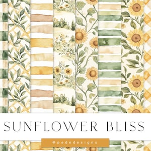 May include: A set of 14 digital paper designs featuring watercolour sunflowers, leaves, and various patterns, including gingham, stripes, and polka dots. The papers are 3600 x 3600 pixels and 300 dpi.