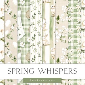 May include: A collection of ten seamless digital papers titled SPRING WHISPERS, featuring patterns of white lambs, rabbits, eggs, green gingham, bows, and floral sprigs in shades of sage green, cream, and white, measuring 3600 x 3600 pixels.