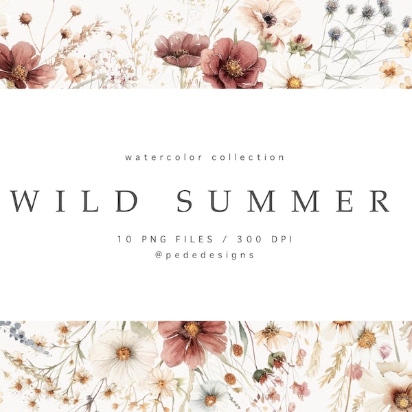 Wild Summer, watercolor wild flowers clipart, watercolor floral border, floral bouquet, meadow graphics, digital stickers, wedding, download