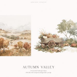 以下が含まれることがあります： AUTUMN VALLEYと題された水彩イラストセット。丘陵地帯、オレンジや茶色の木々、カボチャや葉で満たされた木製の荷車が木の下にある風景が描かれており、28個のデジタルクリップアートファイルとして提供されています。