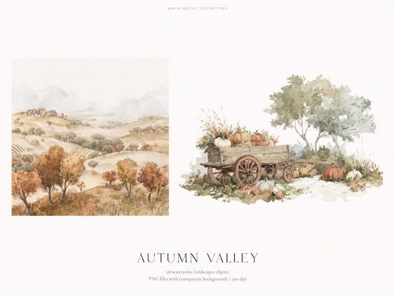 以下が含まれることがあります： AUTUMN VALLEYと題された水彩イラストセット。丘陵地帯、オレンジや茶色の木々、カボチャや葉で満たされた木製の荷車が木の下にある風景が描かれており、28個のデジタルクリップアートファイルとして提供されています。