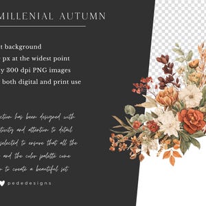 May include: Watercolor floral arrangement with a transparent background. The bouquet features orange, red, and cream-colored flowers with green foliage. The text "GRANDMILLENIAL AUTUMN" is at the top. The image is suitable for digital and print use.