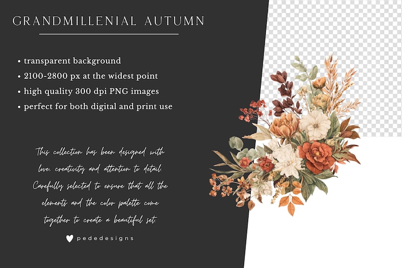 May include: Watercolor floral arrangement with a transparent background. The bouquet features orange, red, and cream-colored flowers with green foliage. The text "GRANDMILLENIAL AUTUMN" is at the top. The image is suitable for digital and print use.