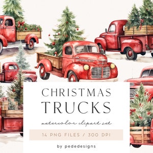 Clipart Christmas Trucks, aquarel kerstmis, xmas clipart, rode vrachtwagen png, aquarel kerstboom, kersttijd, download