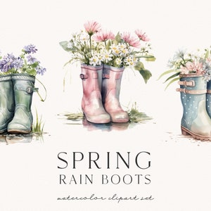 May include: Three pairs of rain boots filled with spring flowers. The boots are green, pink, and blue with white polka dots. The flowers are purple, white, and pink.