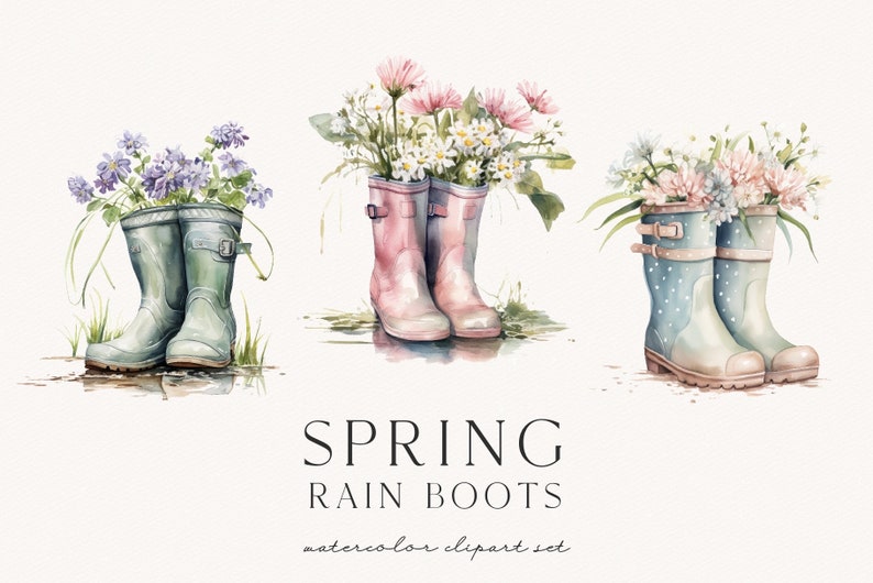 May include: Three pairs of rain boots filled with spring flowers. The boots are green, pink, and blue with white polka dots. The flowers are purple, white, and pink.