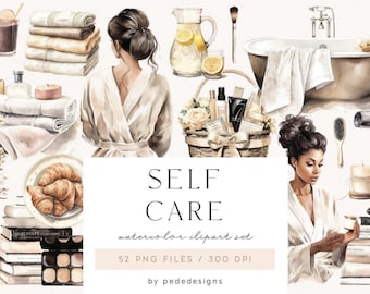Könnte beinhalten: Ein Aquarell-Clipart-Set mit dem Titel SELF CARE, das Illustrationen von Spa-Artikeln enthält, darunter eine Badewanne, Handtücher, ein Korb mit Pflegeprodukten, ein Krug mit Zitronenwasser, Make-up-Paletten, Bücher, Croissants und zwei Personen in Bademänteln.