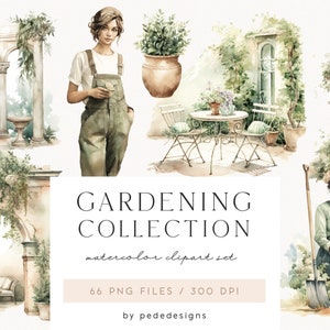 Coleção de jardinagem, plantas de jardim em aquarela, gráficos de jardim de primavera, arquivos png de jardinagem, jardim de verão, adesivos de planejador, baixar