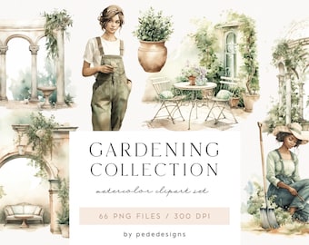 May include: Watercolor illustration set of gardening elements, including a woman in overalls, a garden archway, a table and chairs, a potted plant, and a woman gardening. The set includes 66 PNG files at 300 DPI.  GARDENING COLLECTION watercolor clipart set by pededesigns.