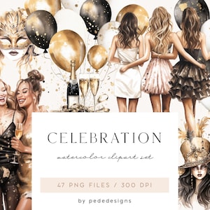 Viering clipart, feest clipart, gelukkig nieuwjaar, ballonnen, champagne, confetti, feestmasker, carnaval clipart, feestmuts, download