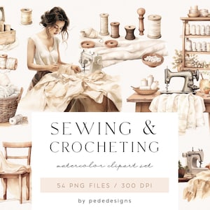 Sewing & Crocheting, watercolor sewing clipart, sewing supplies png, sewing machine, sewing studio logo, beige tones, pretty girl, download