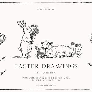 Dibujos de Pascua, arte de línea de pincel, clipart de Pascua, archivos vectoriales, png, archivos svg, flores dibujadas a mano, conejito de Pascua, huevos de Pascua, descarga