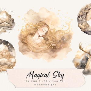 Ilustrações de céu mágico, clipart de lua, bela adormecida, céu noturno, lua e estrelas, fantasia png, aquarela celestial, unicórnio, baixar