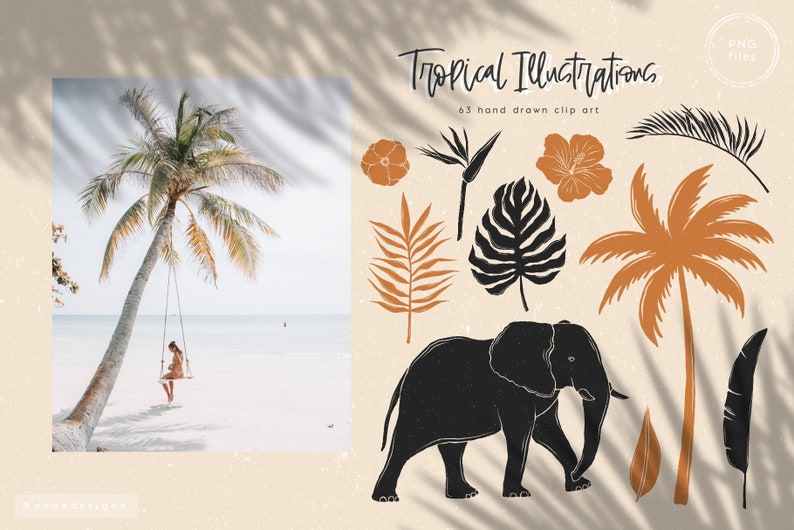 May include: A set of 63 hand-drawn tropical illustrations in black, brown, and orange. The illustrations include palm trees, flowers, leaves, and an elephant. The text "Tropical Illustrations" and "63 hand drawn clip art" is included in the image.