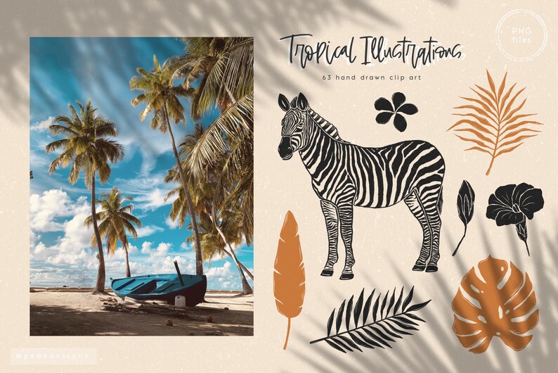 May include: A set of 63 hand-drawn tropical illustrations, including a zebra, palm leaves, flowers, and a monstera leaf. The illustrations are in black, white, and brown.