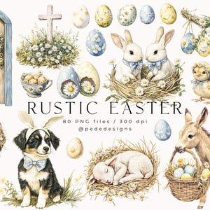 Rustic Easter, watercolor clipart set, watercolor bunny, spring png graphics, donkey, nursery clipart, easter eggs, daisies, download
