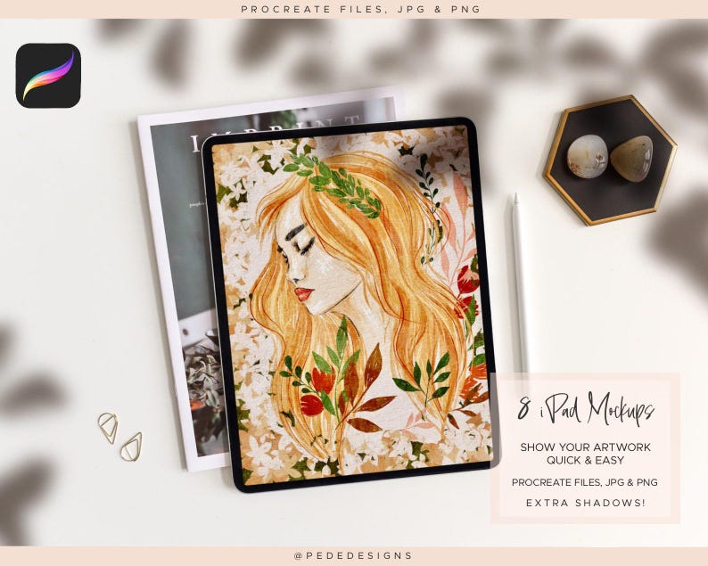 Procreate用のiPadモックアップ8個、使いやすいProcreateファイル、追加の影jpg、png、写真モックアップ、デジタルアートの展示、ダウンロード 画像 1