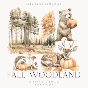Conjunto de clipart de floresta de outono, animais da floresta em aquarela, paisagem da floresta de outono, abóbora, veado, clipart de casamento, berçário png, baixar