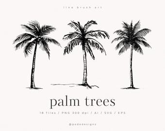 Op de afbeelding: Drie zwarte inktillustraties van palmbomen op een witte achtergrond. De tekst luidt line brush art, palm trees, 18 files / PNG 300 dpi / AI / SVG / EPS en @pededesigns. De tekeningen tonen gedetailleerde bladeren en stammen.